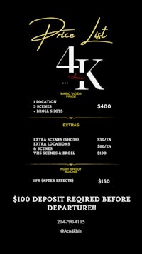 a black and white flyer with a price list for 4k