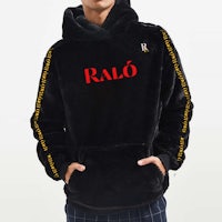 a man wearing a black hoodie with the word ralo on it