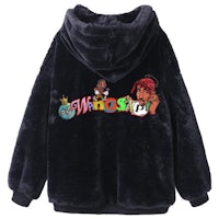 a black hoodie with a cartoon character on it